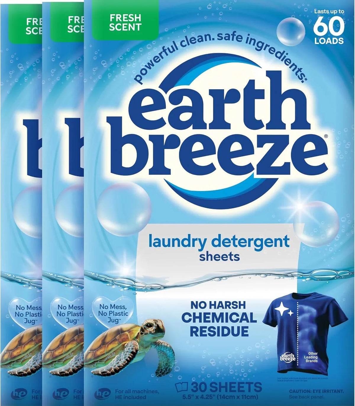Earth Breeze Laundry Detergent Sheets Fresh Scent - 60 Loads per package. Eco Liquidless Soap - Travel-Friendly for Hot & Cold Cycles, Tackles Tough Stains & Odors - Gentle on Skin, 30 sheets (3 Pack) Main image